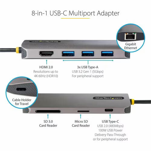8-in-1 USB-C Multiport Adapter with features highlighted on a white background