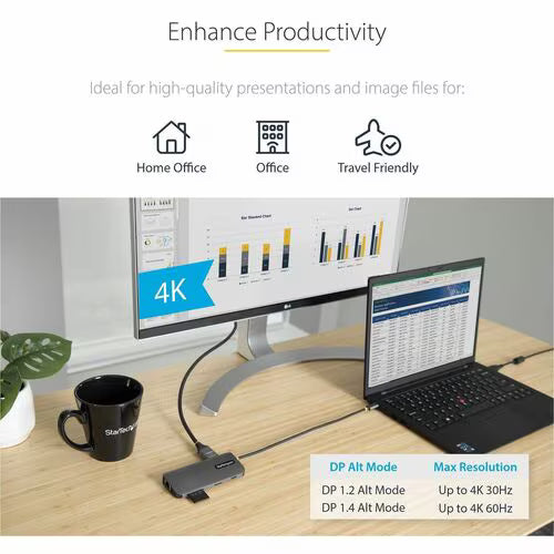 Workstation setup with dual monitors, laptop, and coffee cup on a desk, emphasizing productivity.