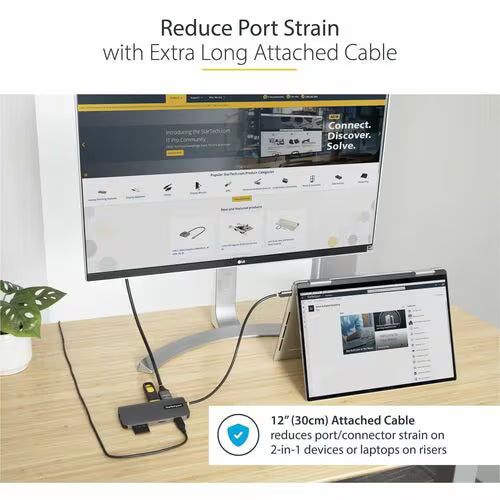 Computer monitor and tablet on a desk with an attached cable, text 'Reduce Port Strain with Extra Long Attached Cable'.