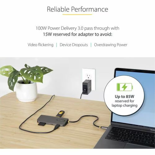 Power adapter on a desk with laptop and text about power delivery