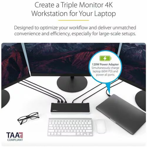 StarTech 4K USB-C Triple Monitor Docking Station with 60W Power Delivery