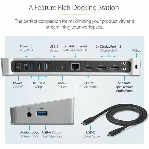 StarTech 4K USB-C Triple Monitor Docking Station with 60W Power Delivery