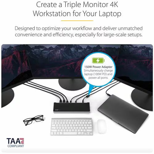 StarTech 4K USB-C Triple Monitor Docking Station with 100W Power Delivery