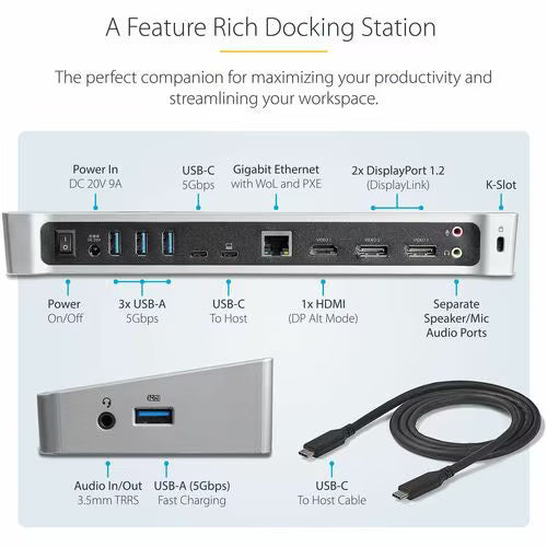 StarTech 4K USB-C Triple Monitor Docking Station with 100W Power Delivery