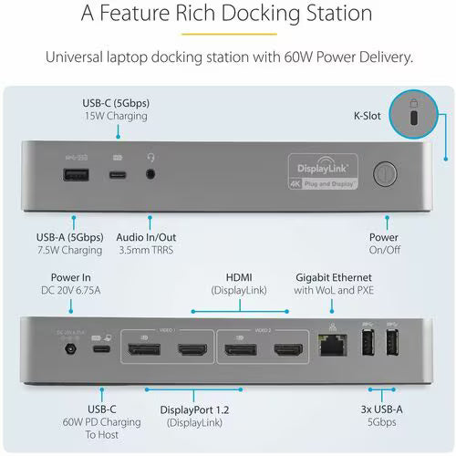 StarTech Hybrid USB-C / USB-A Dual 4K Dock with 60W Power Delivery