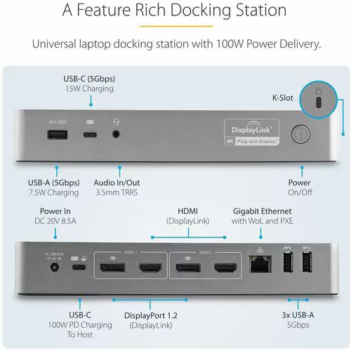 StarTech Hybrid USB-C / USB-A Dual 4K Docking Station with 100W Power Delivery