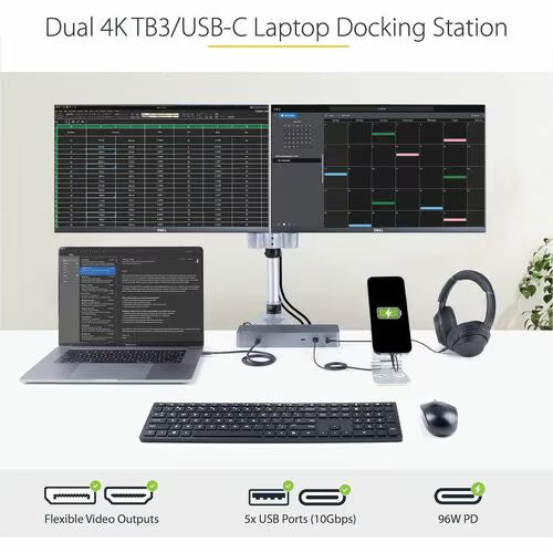 Dual 4K TB3/USB-C Laptop Docking Station with multiple devices on a desk.