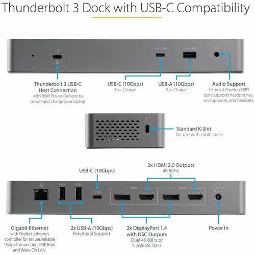 Thunderbolt 3 dock with USB-C compatibility on a white background