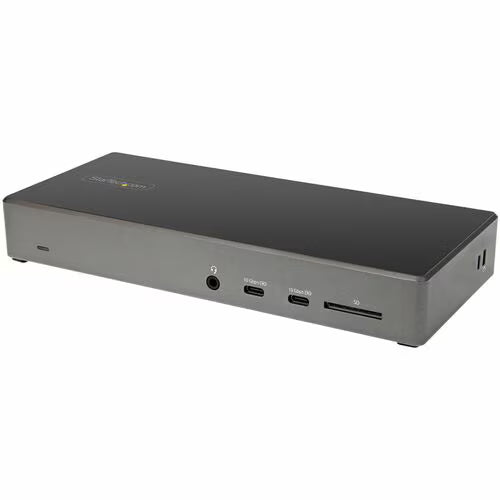 Black and gray computer docking station with multiple ports on a white background