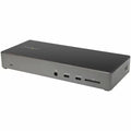Black and gray computer docking station with multiple ports on a white background