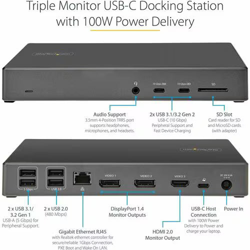 Triple monitor USB-C docking station with 100W power delivery and various connectivity ports.