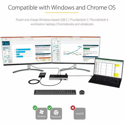 HUB with multiple monitors and laptop connected, compatible with Windows and Chrome OS.