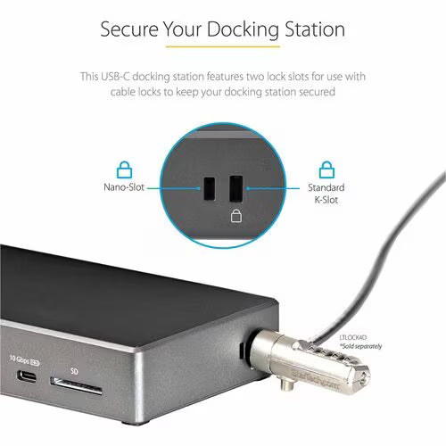 USB-C docking station with lock slots and cable lock feature on a white background
