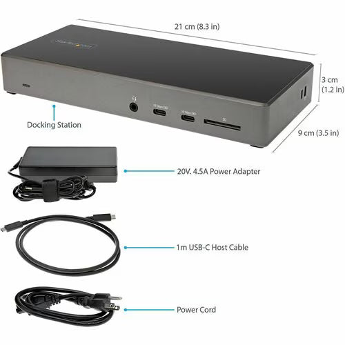 Docking station with power adapter, USB-C host cable, and power cord on a white background