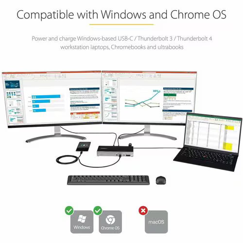 Computer setup with dual monitors, keyboard, and mouse, compatible with Windows and Chrome OS.