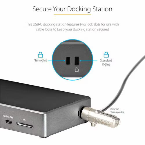 USB-C docking station with lock slots and cable lock illustration on a white background
