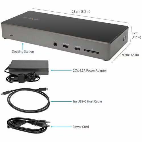 Docking station with power adapter, USB-C host cable, and power cord on a white background