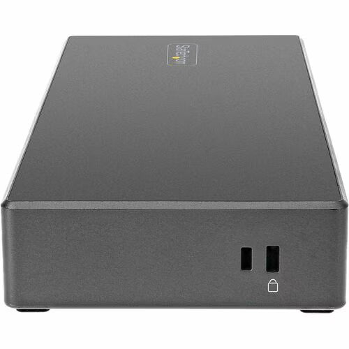 Black external hard drive enclosure with brand logo on a white background