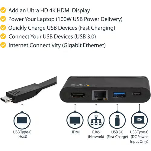 StarTech USB-C Docking Station with HDMI, Ethernet and 100W Power Delivery